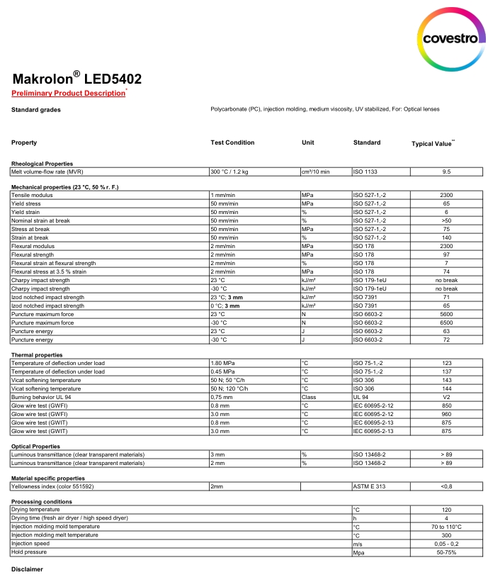 科思创PC LED5402物性表